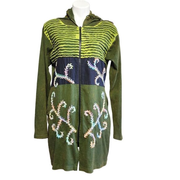 Karma Circle sweater XL green patchwork Long Hooded Forest fairy Artsy Teacher - Picture 1 of 6